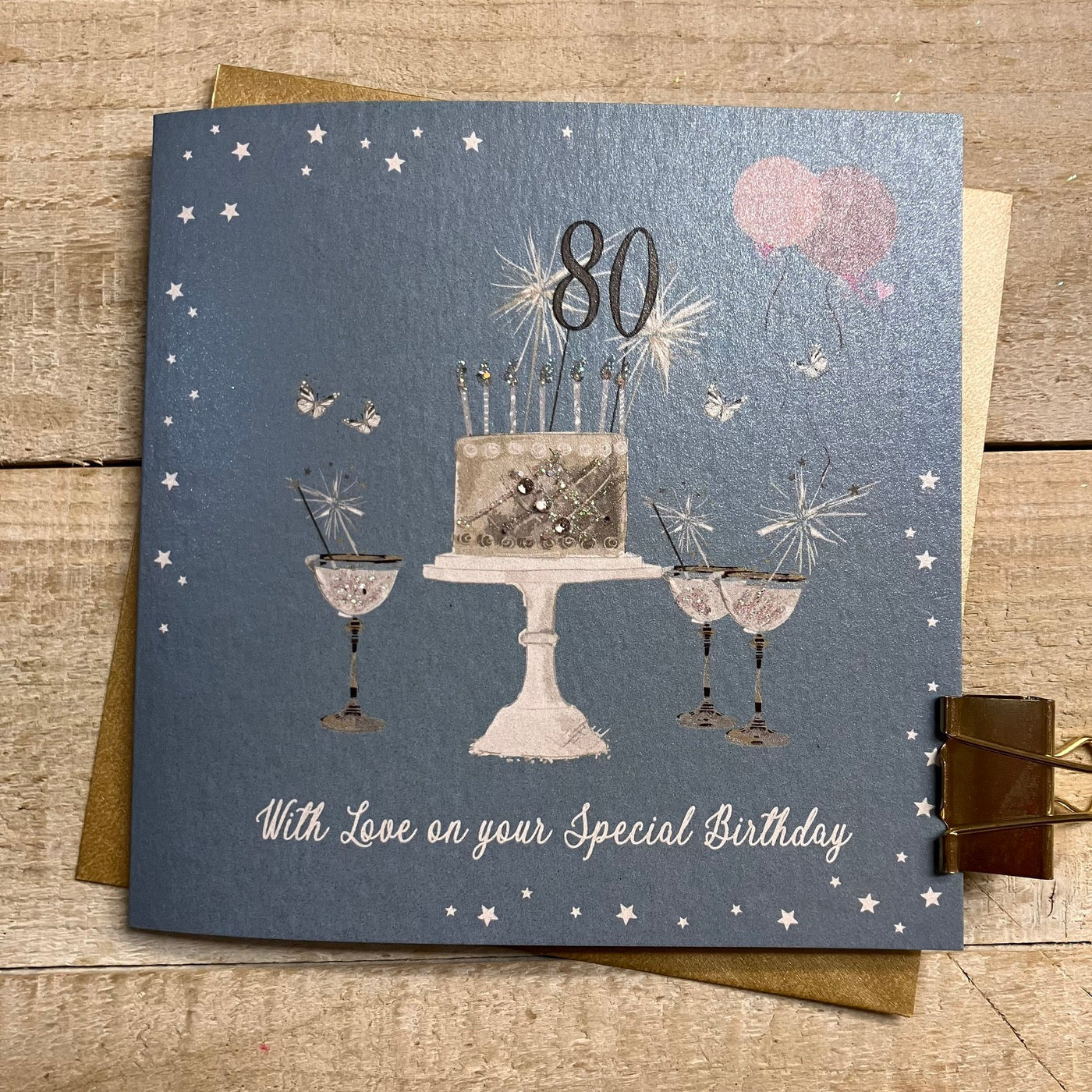 80th Birthday Teal Blue Sparkly Cake & Glasses Card - White Cotton Cards