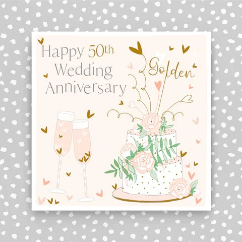 Molly Mae Happy 50th Wedding Anniversary Golden Cake & Glasses Card