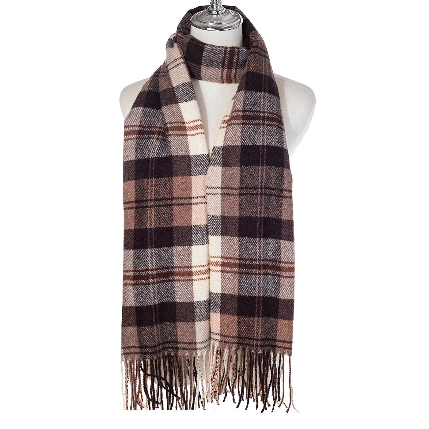 Park Lane Check Cosy Scarf with Tassels - Chocolate/Mocha/Cream