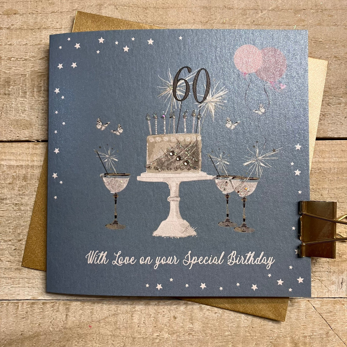 60th Birthday Teal Blue Sparkly Cake & Glasses Card - White Cotton Cards