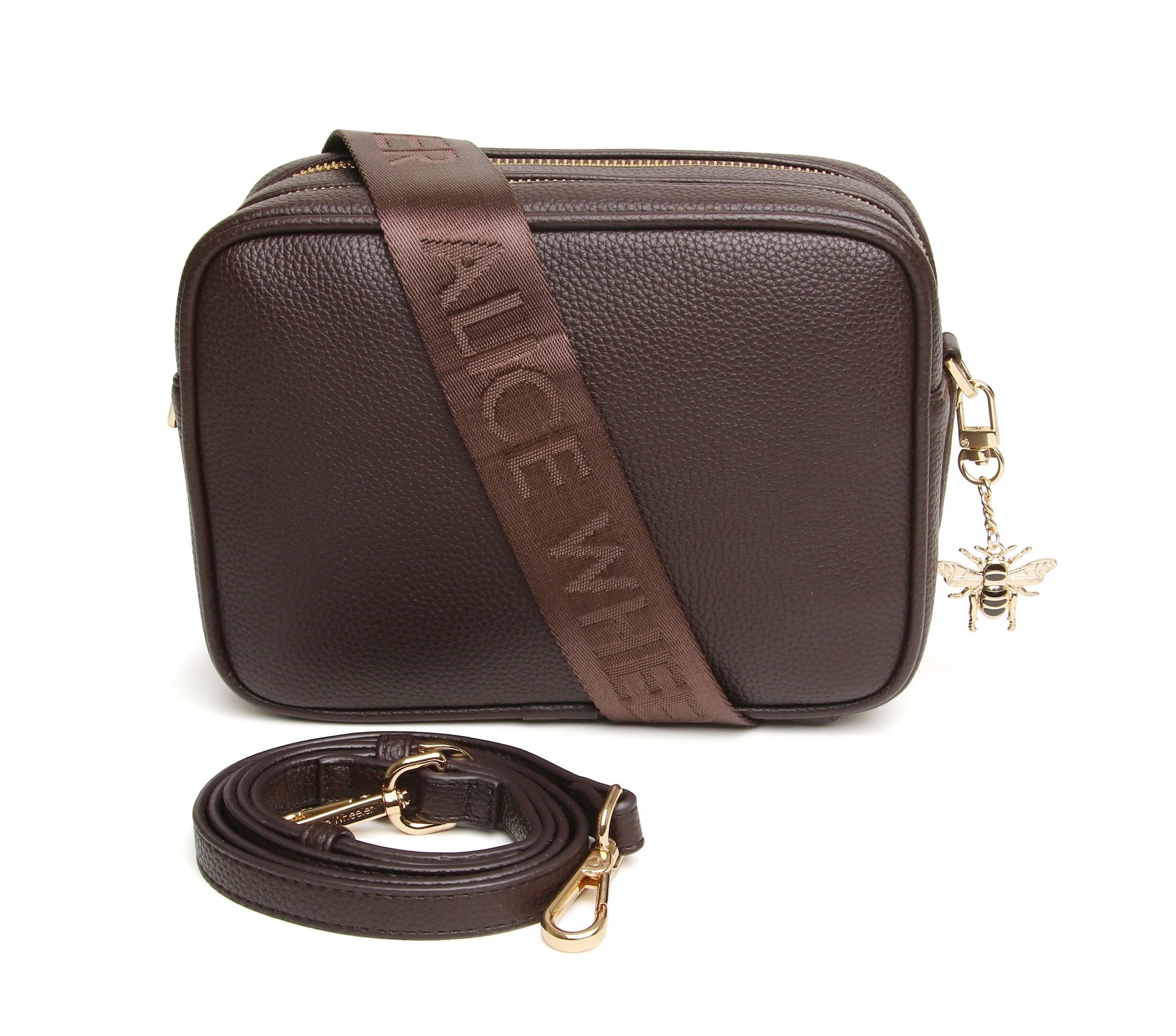 Alice Wheeler Chocolate Soho Double Zipped Branded Strap Crossbody Bag