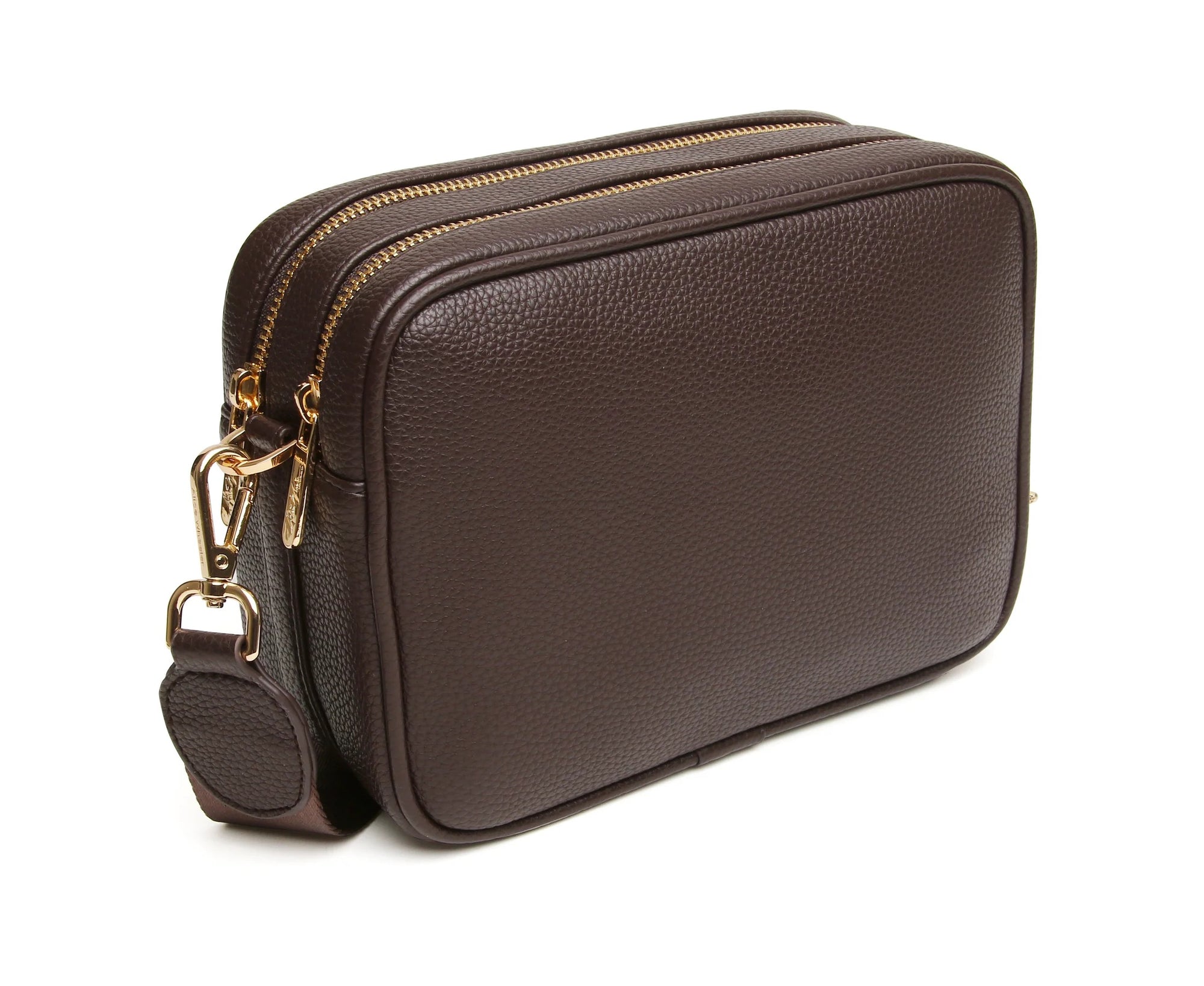 Alice Wheeler Chocolate Soho Double Zipped Branded Strap Crossbody Bag
