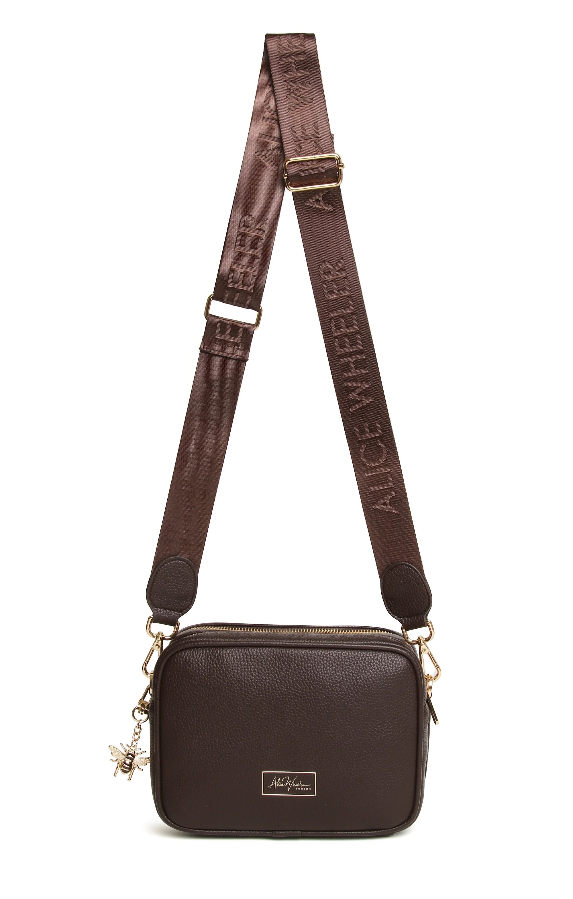 Alice Wheeler Chocolate Soho Double Zipped Branded Strap Crossbody Bag