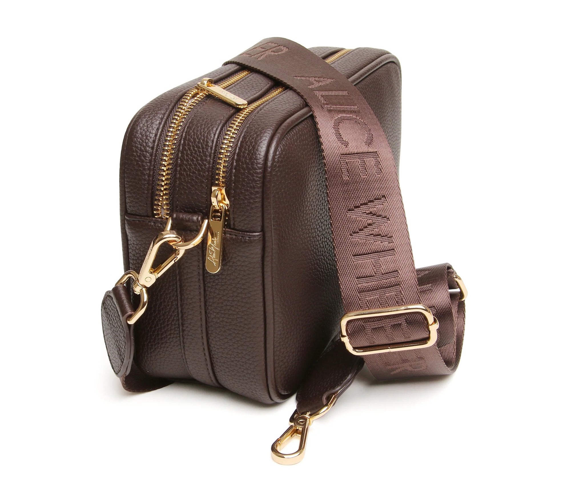 Alice Wheeler Chocolate Soho Double Zipped Branded Strap Crossbody Bag