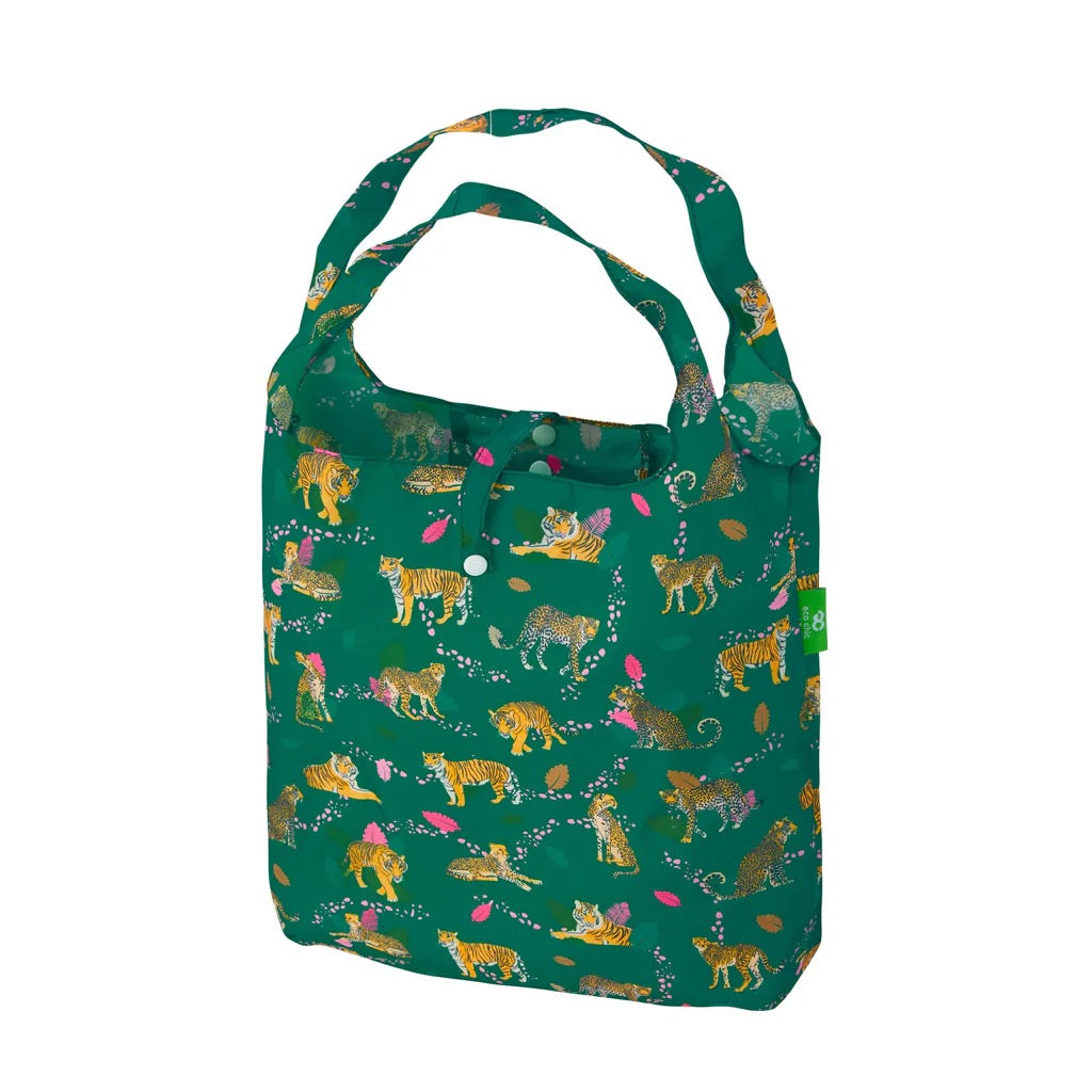 Eco Chic Foldable Recycled Shopping Bag - Leopards & Tigers -Green