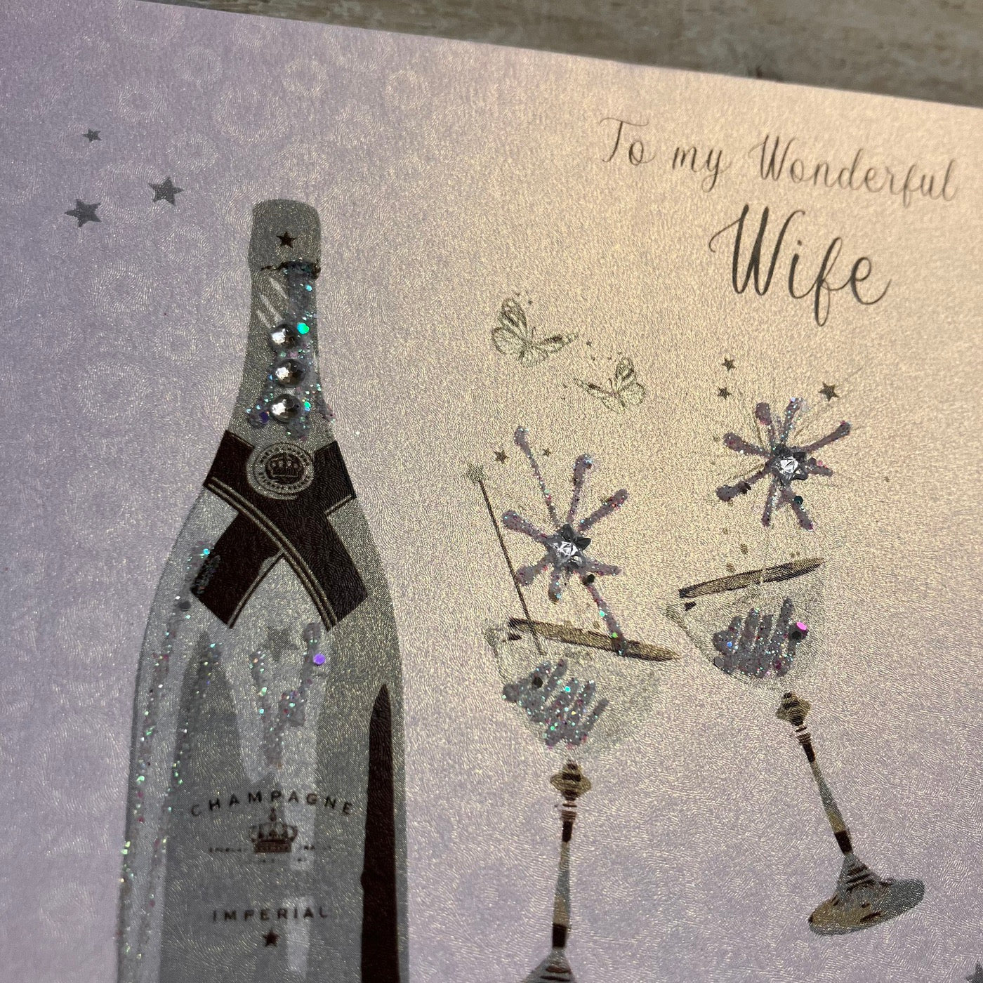Wonderful Wife Special Birthday Pink Sparkly Champagne Card - White Cotton Cards