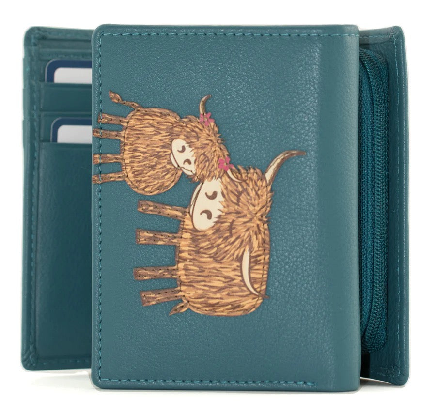 Mala Leather Bella Highland Cows Print Small Tri-Fold Purse - Teal