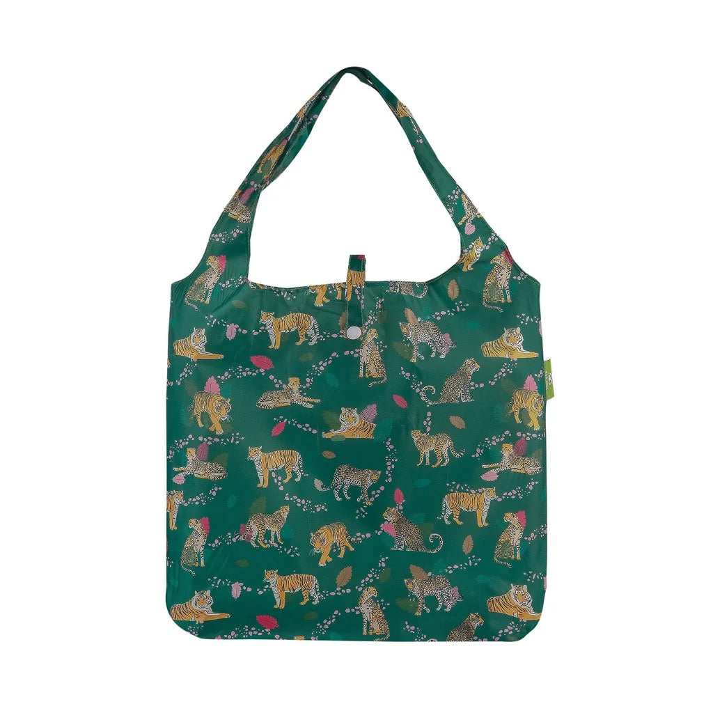 Eco Chic Foldable Recycled Shopping Bag - Leopards & Tigers -Green