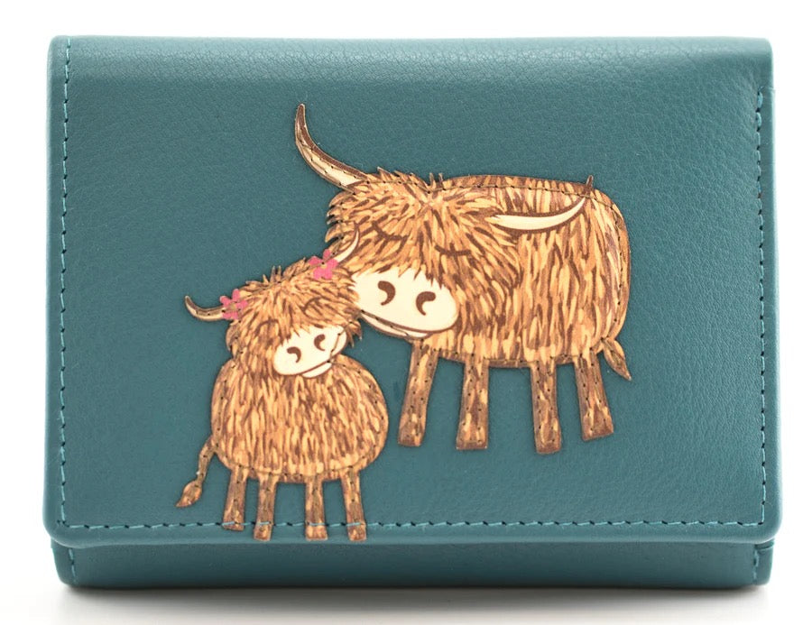 Mala Leather Bella Highland Cows Print Small Tri-Fold Purse - Teal