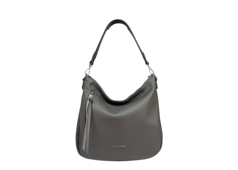 David Jones (6920-1) Faux Leather Scoop Shoulder Handbag Feature Front Zip - Battleship Grey
