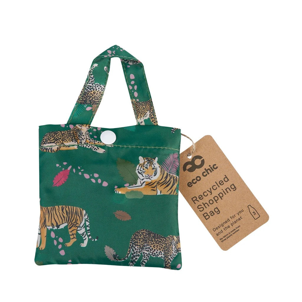 Eco Chic Foldable Recycled Shopping Bag - Leopards & Tigers -Green
