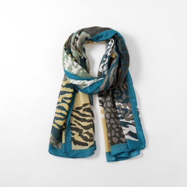 Eco Style - Leopard & Zebra Print - Lightweight Scarf - Teal Multi