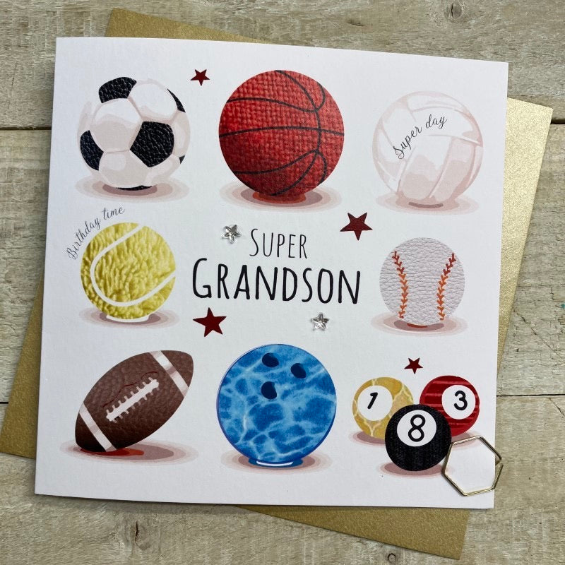 Super Grandson Sports Balls Card - White Cotton Cards