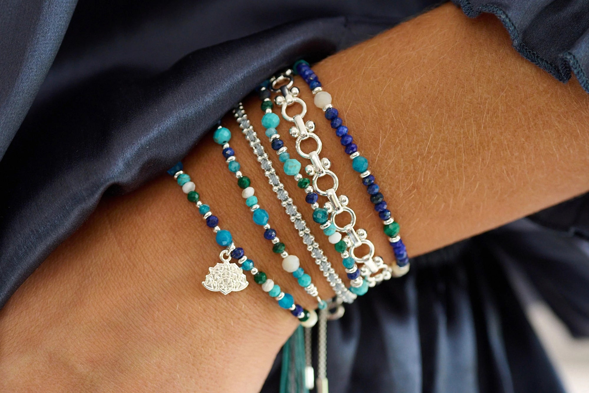 Boho Betty Blue & Multi Adjustable Silver Slider Bracelet