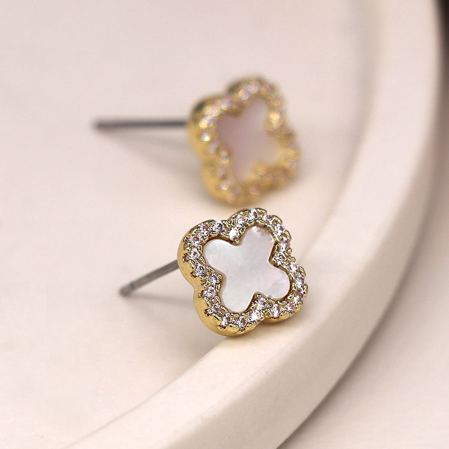 POM Golden Crystal Edged Quatrefoil Stud Earrings