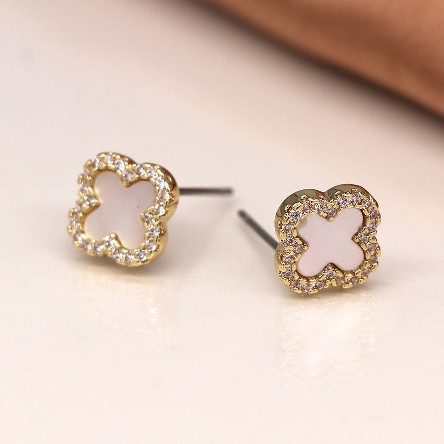 POM Golden Crystal Edged Quatrefoil Stud Earrings