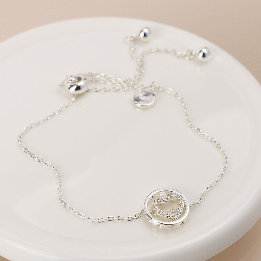 POM Silver Plated Crystal Heart in Circle Adjustable Chain Bracelet