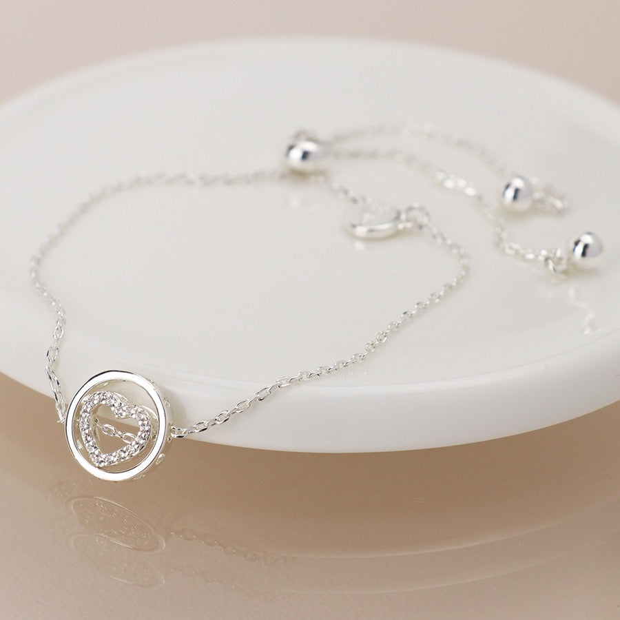POM Silver Plated Crystal Heart in Circle Adjustable Chain Bracelet