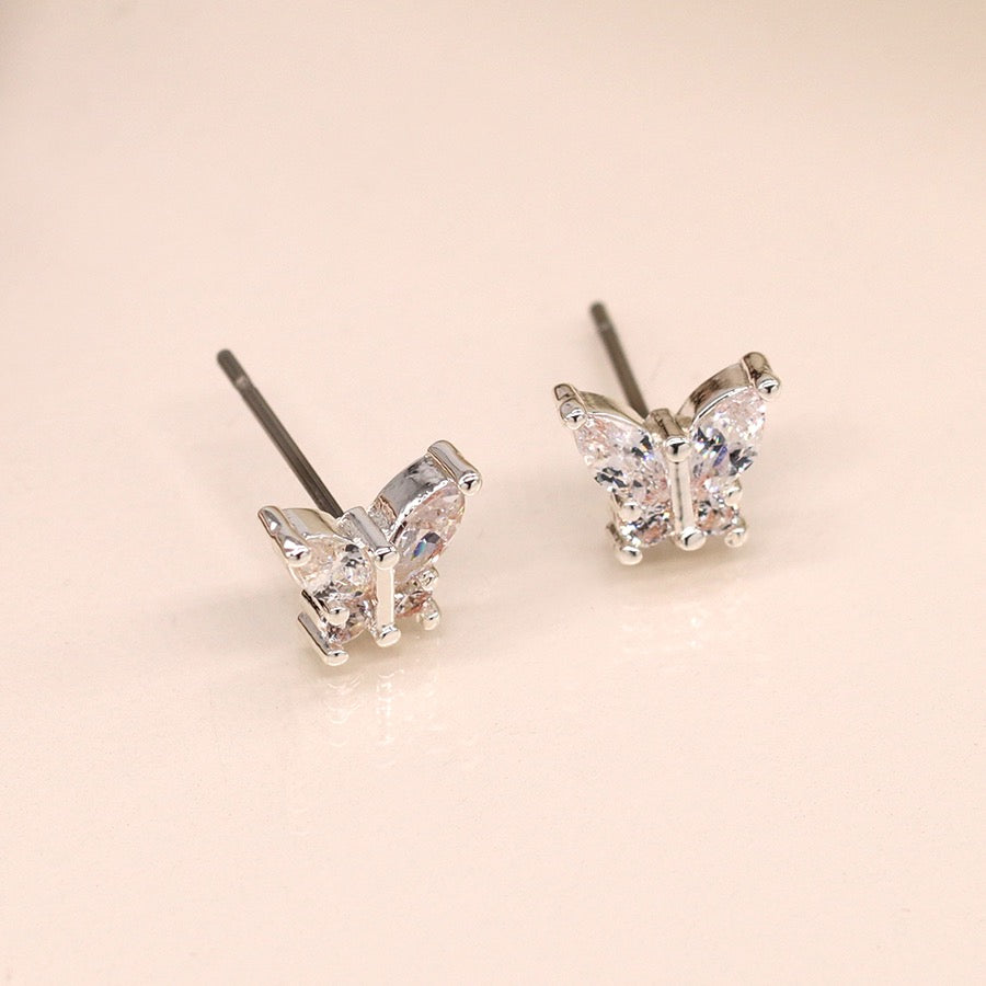 POM Silver Plated Crystal Butterfly Stud Earrings