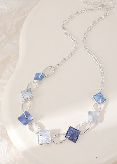 Gracee Jewellery Blue Mix Off-Set Enamel Squares & Twist Chain Necklace - Silver