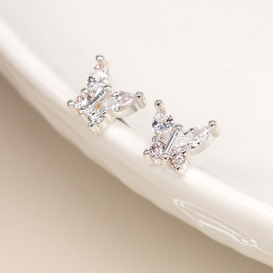 POM Silver Plated Crystal Butterfly Stud Earrings