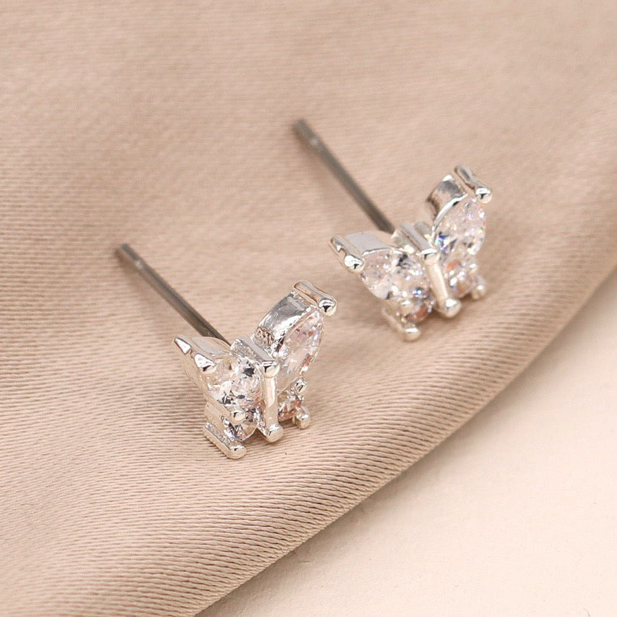 POM Silver Plated Crystal Butterfly Stud Earrings