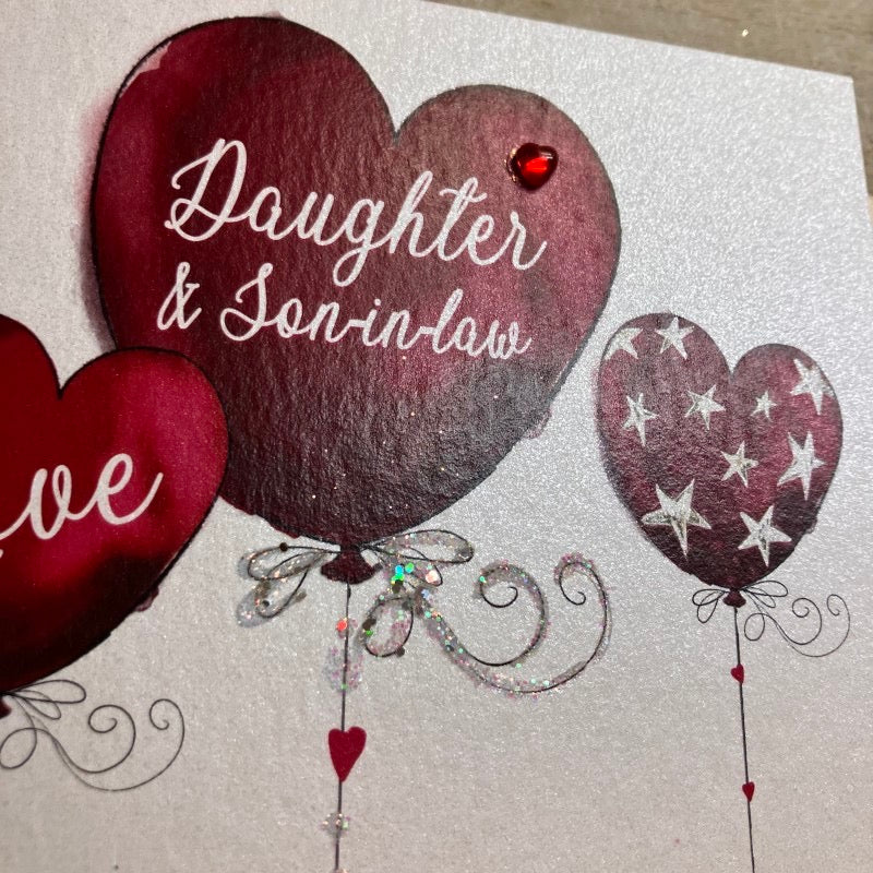 Daughter & Son-in-Law Anniversary Red Heart Balloons Card - White Cotton Cards