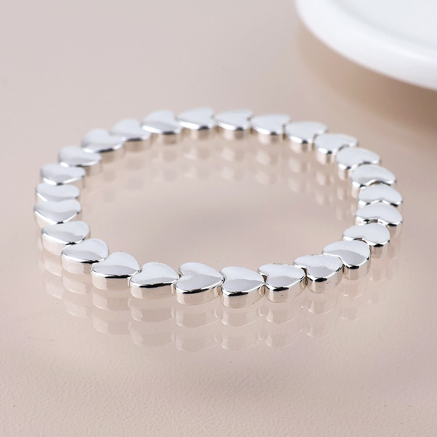 POM Silver Plated Polished Hearts Stretch Bracelet