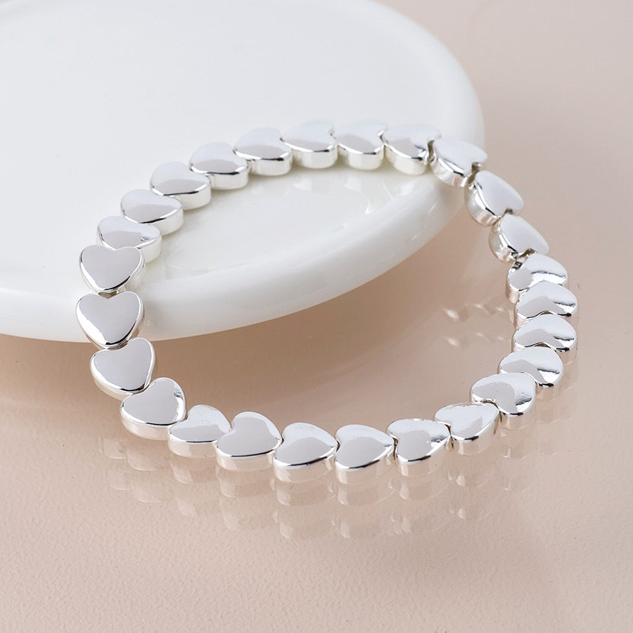 POM Silver Plated Polished Hearts Stretch Bracelet
