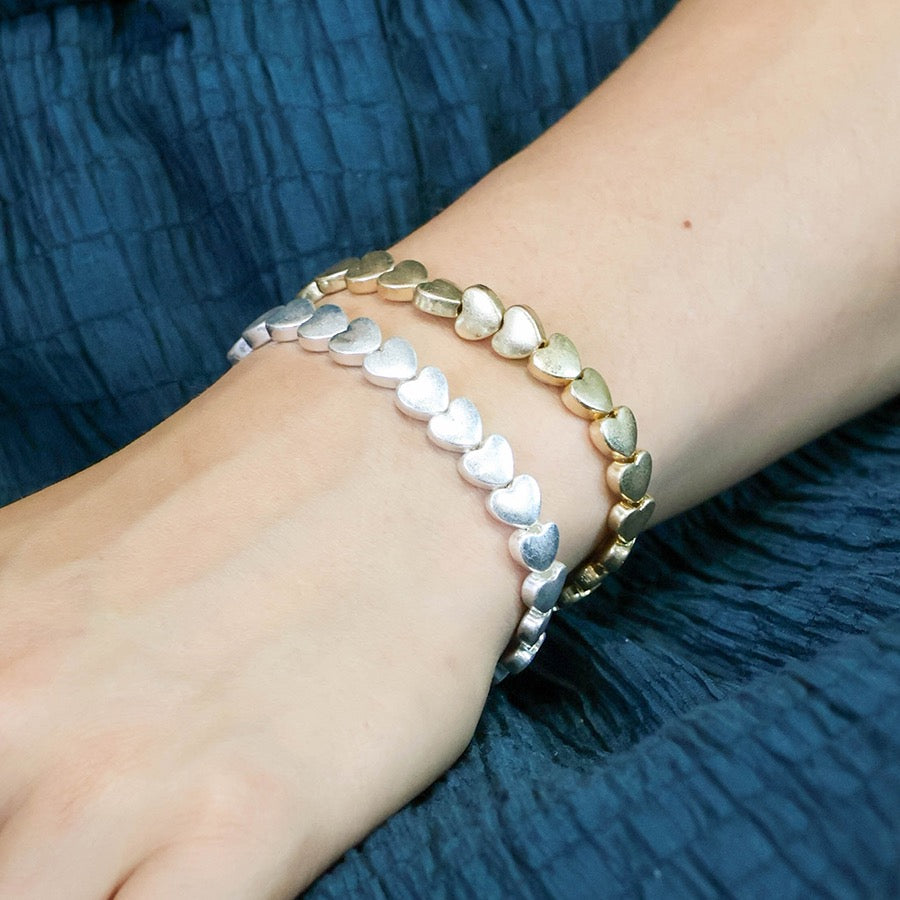 POM Silver Plated Polished Hearts Stretch Bracelet