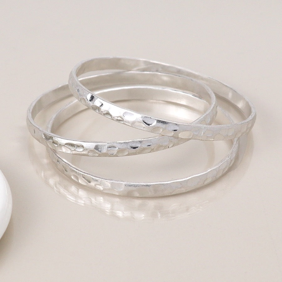 POM Silver Plated Worn Hammered Triple Bangle Bracelet Set