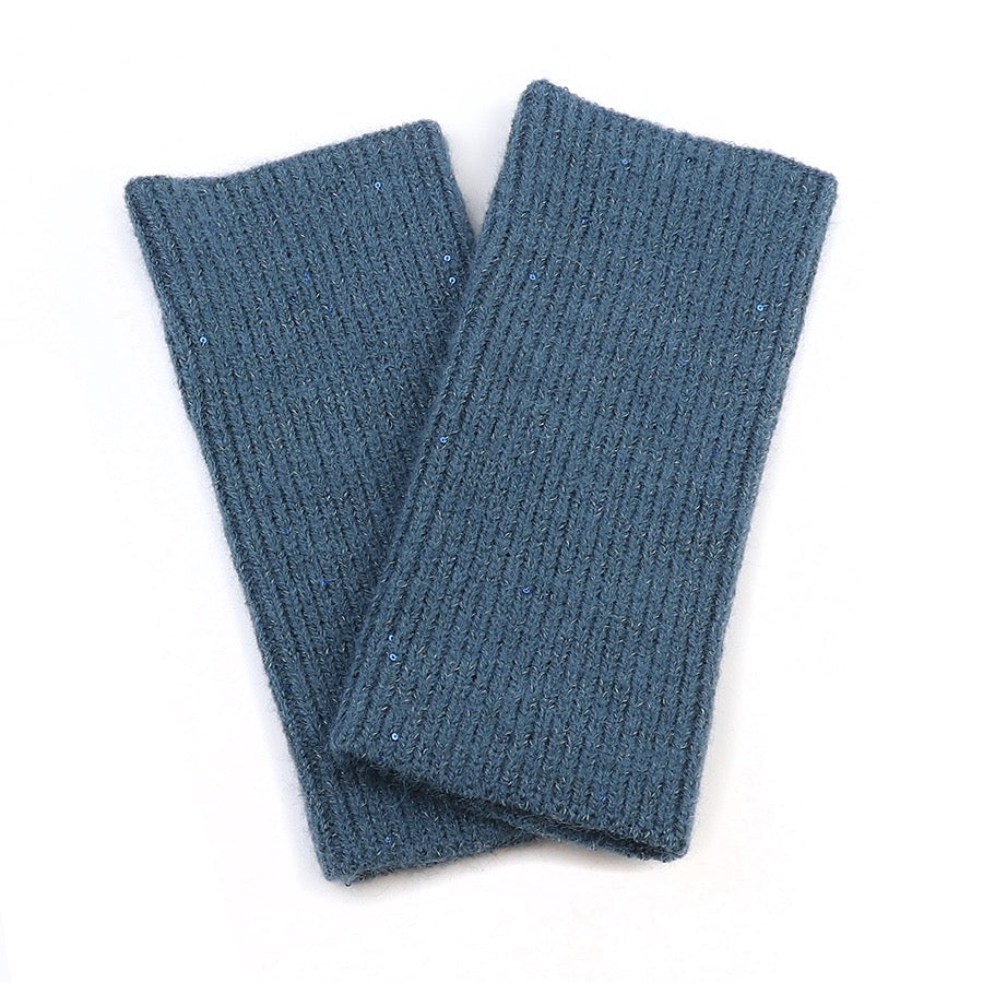 POM Dusky Teal Lurex Ribbed Knit Sequin Wrist Warmers