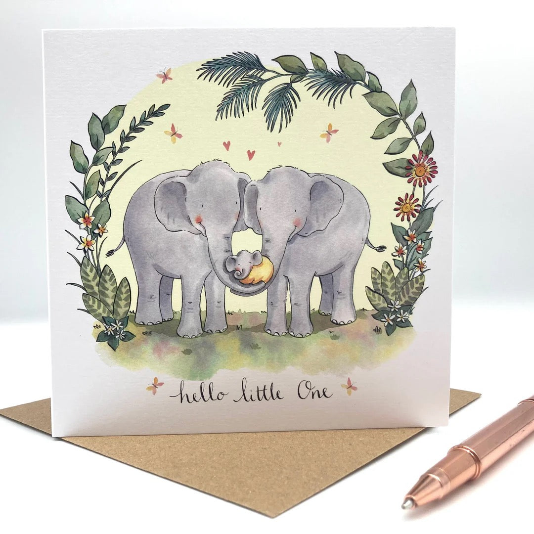 Hello Little One Elephants Baby Birth Card - Ink and Snail