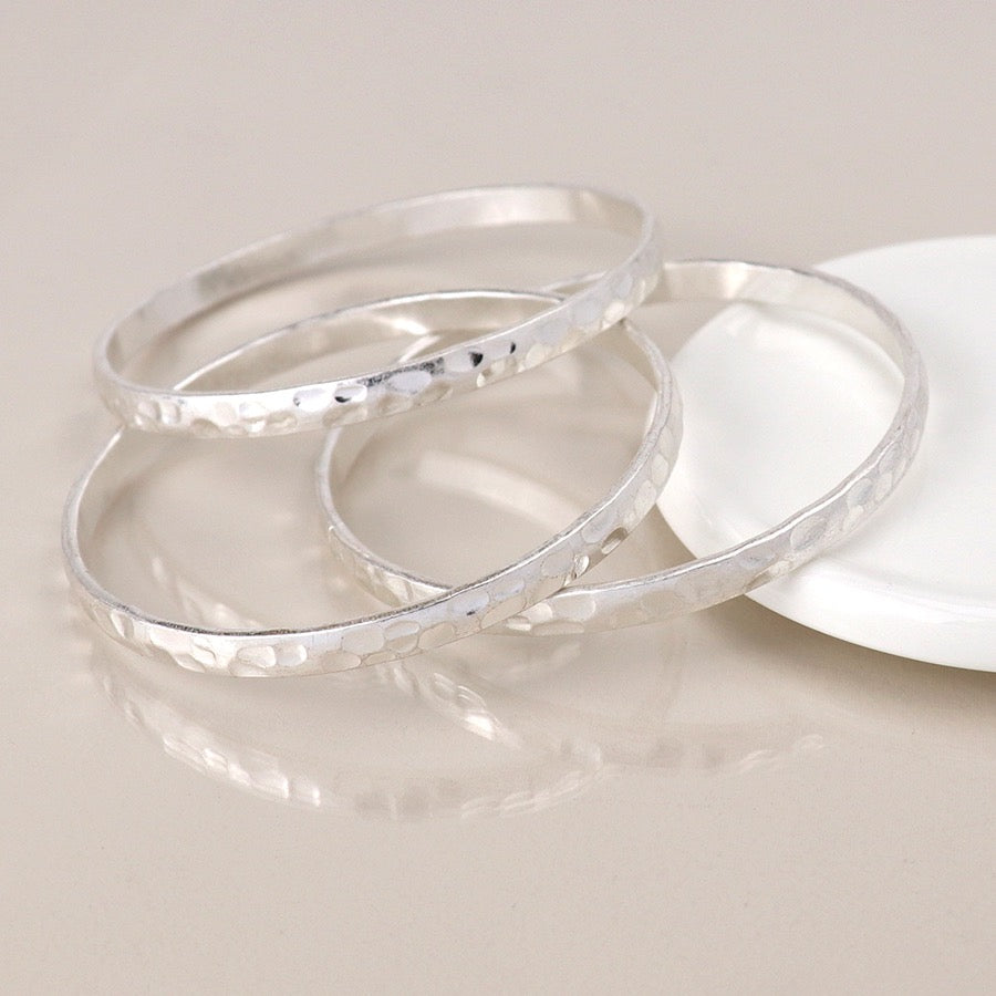 POM Silver Plated Worn Hammered Triple Bangle Bracelet Set