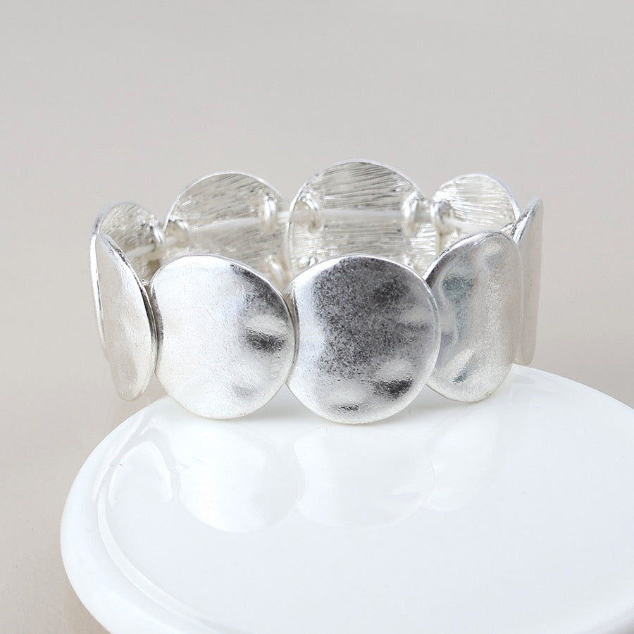 POM Silver Plated Worn Large Disc Stretch Bracelet