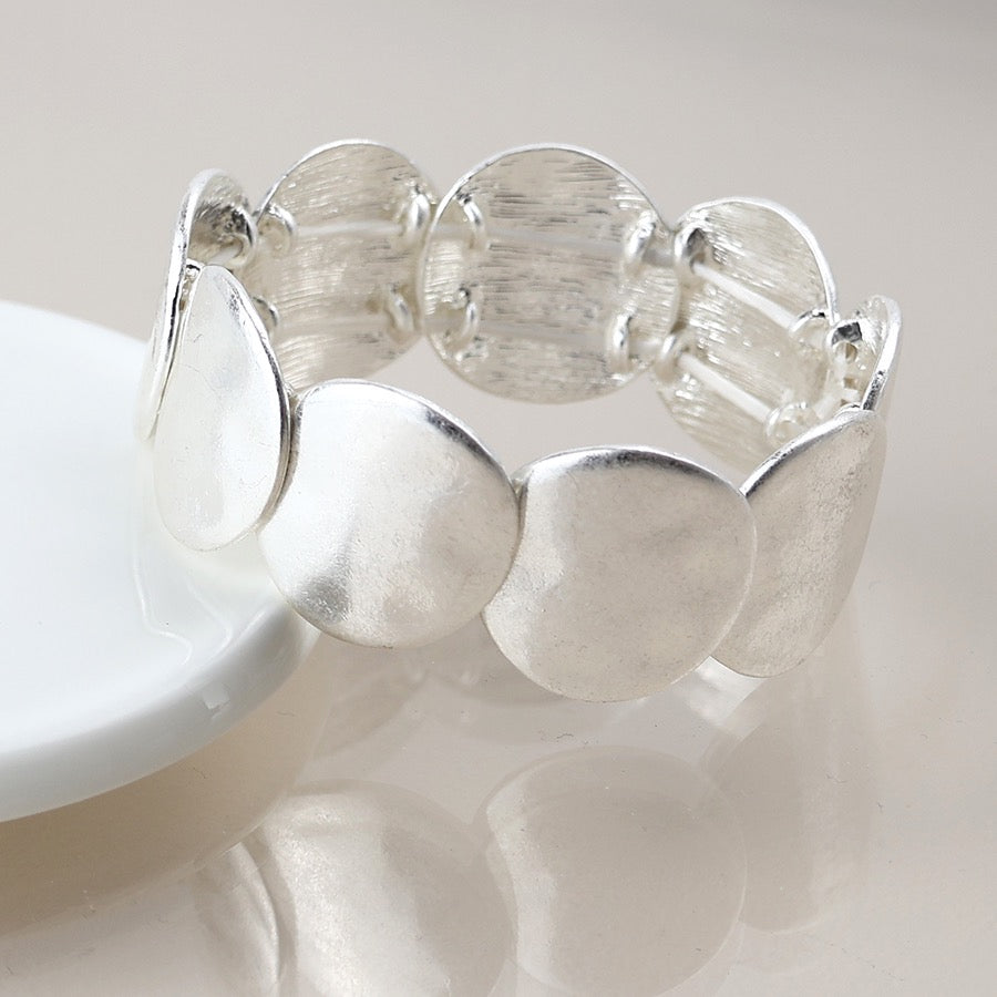 POM Silver Plated Worn Large Disc Stretch Bracelet