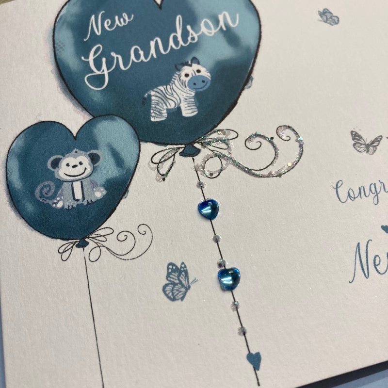 New Grandson Baby Birth Balloons & Animals Card - White Cotton Cards