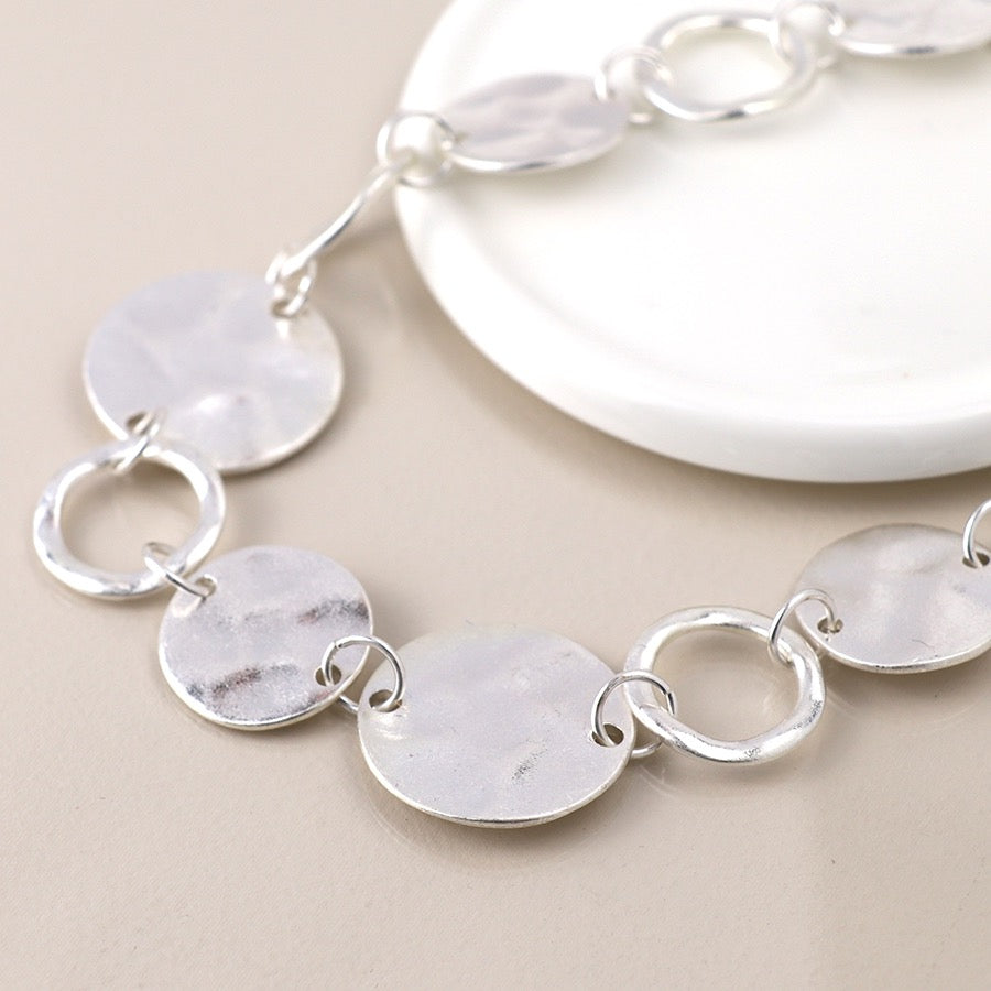 POM Silver Plated Worn Large Disc & Open Disc Link Necklace