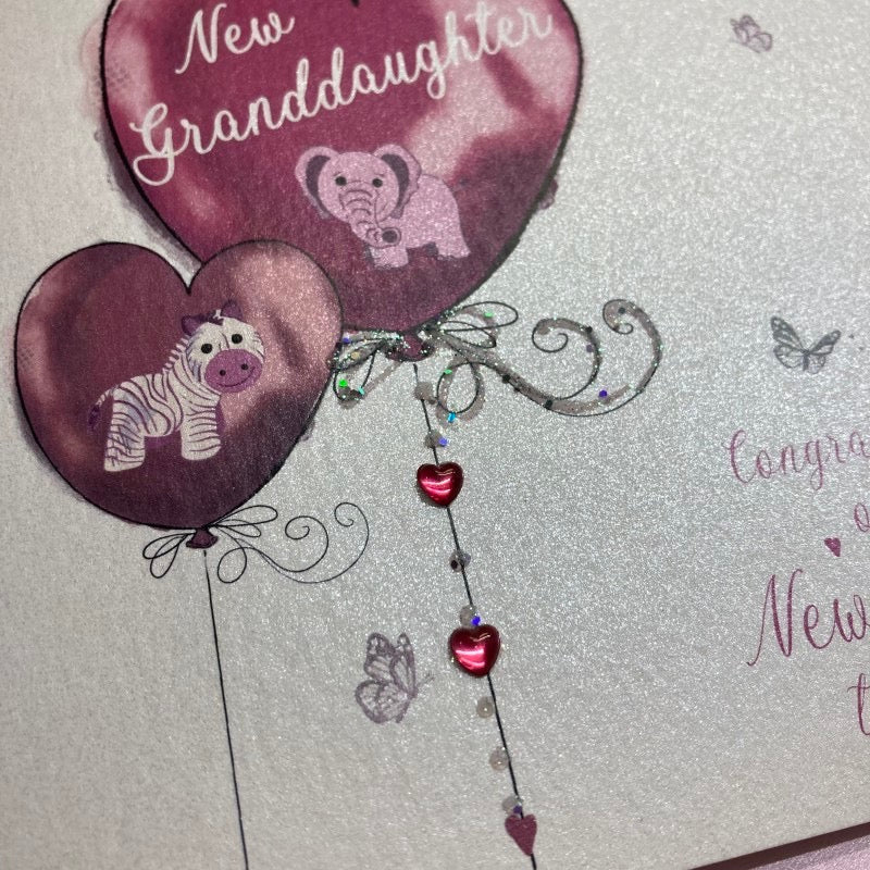 New Granddaughter Baby Birth Balloons & Animals Card - White Cotton Cards