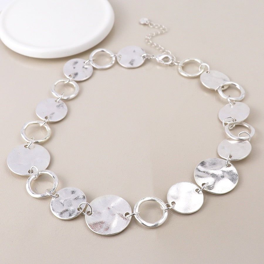 POM Silver Plated Worn Large Disc & Open Disc Link Necklace