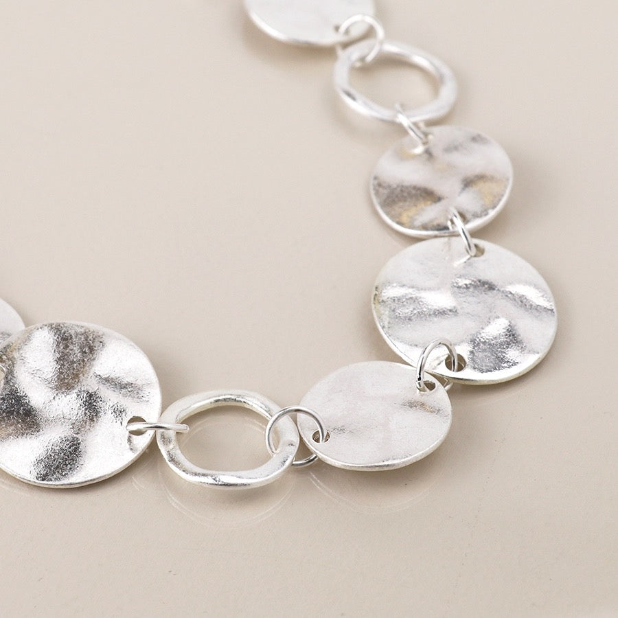 POM Silver Plated Worn Large Disc & Open Disc Link Necklace
