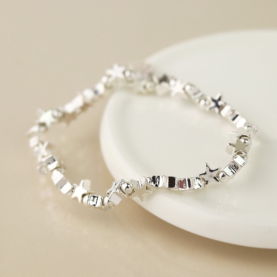 POM Silver Plated Polished Smal Stars Stretch Bracelet