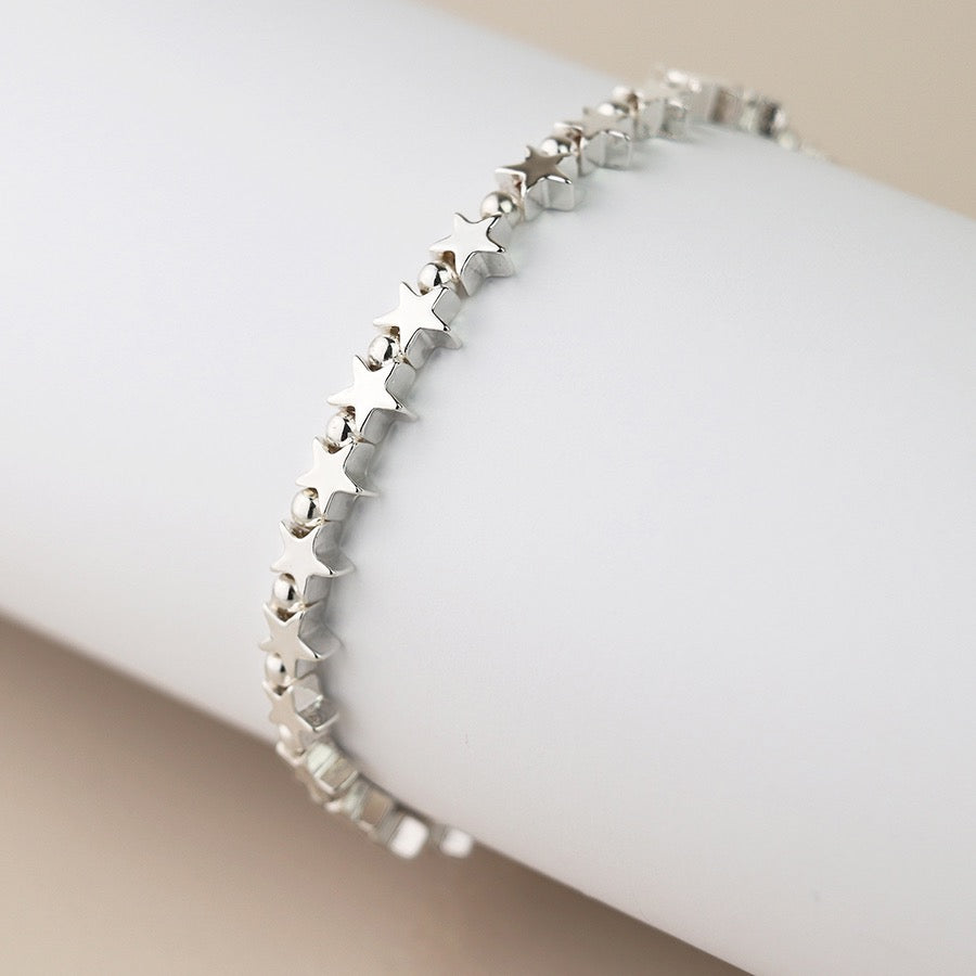 POM Silver Plated Polished Smal Stars Stretch Bracelet