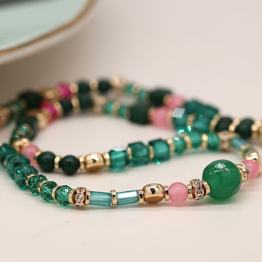 POM Pink & Emerald Green Mix Beaded Full Necklace