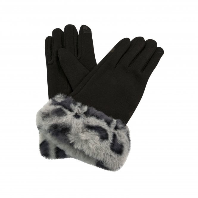 Park Lane Leopard Faux Fur Cuff Suede Gloves - Black with Leopard Grey/Black