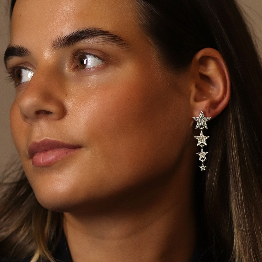 POM Silver Plated Crystal Star Graduated Long Dangly Earrings