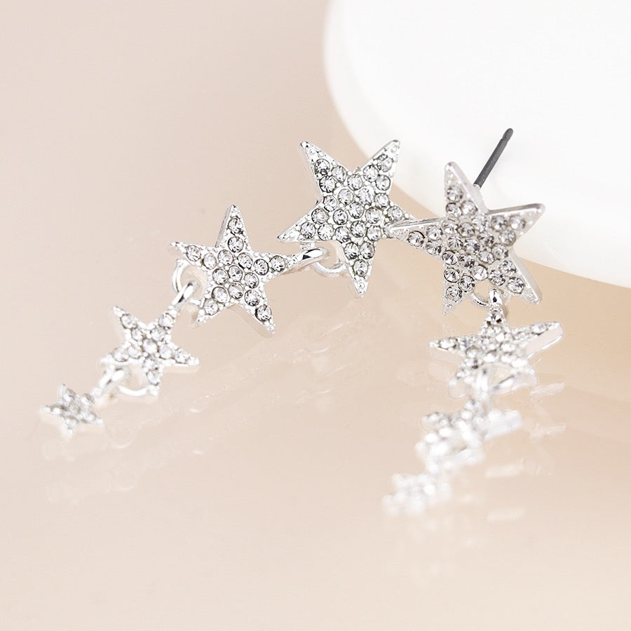 POM Silver Plated Crystal Star Graduated Long Dangly Earrings