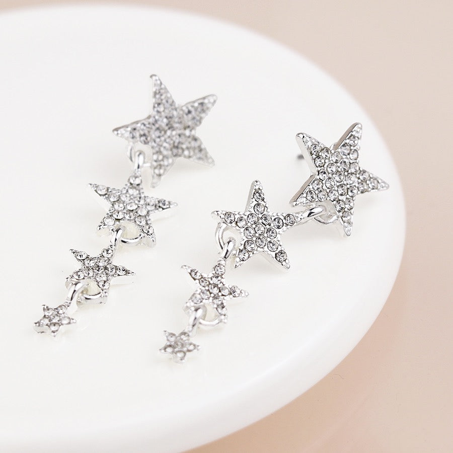 POM Silver Plated Crystal Star Graduated Long Dangly Earrings