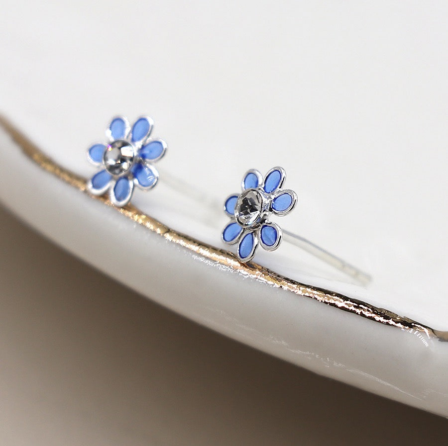 POM Sterling Silver Blue & Crystal Tiny Flower Stud Earrings