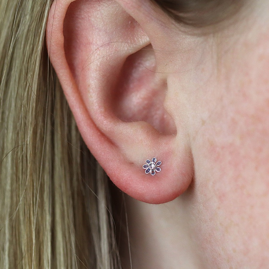 POM Sterling Silver Blue & Crystal Tiny Flower Stud Earrings